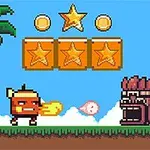 픽셀 아트 스타일의 캐릭터가 코코넛 나무 아래서 불을 쏘고 있으며, 세 개의 별이 박힌 상자와 코인들이 등장하는 장면