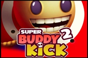 큰 웃음과 보라색 눈을 가진 캐릭터와 SUPER BUDDY KICK 2라는 텍스트가 있는 빨간 배경