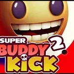 큰 웃음과 보라색 눈을 가진 캐릭터와 SUPER BUDDY KICK 2라는 텍스트가 있는 빨간 배경