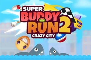 밝고 다채로운 그래픽 배경에 SUPER BUDDY RUN 2 CRAZY CITY라는 큰 글씨와 자동차, 축구공, 헬멧 등의 이미지가 있는 장면