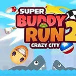 밝고 다채로운 그래픽 배경에 SUPER BUDDY RUN 2 CRAZY CITY라는 큰 글씨와 자동차, 축구공, 헬멧 등의 이미지가 있는 장면