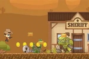 서부 배경 앞에서 카우보이 복장을 한 캐릭터가 두터운 갑옷을 입은 몬스터와 동전들 사이에 있는 장면