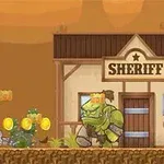 서부 배경 앞에서 카우보이 복장을 한 캐릭터가 두터운 갑옷을 입은 몬스터와 동전들 사이에 있는 장면