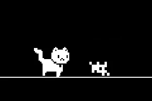 검은 배경에 흰색 픽셀 아트 스타일의 고양이와 작은 개