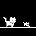 검은 배경에 흰색 픽셀 아트 스타일의 고양이와 작은 개
