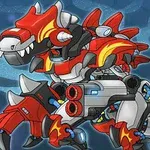 붉은색과 회색 금속 갑옷을 입은 로봇 공룡이 포즈를 취하고 있다