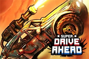 오래된 자동차에 장착된 대포가 불을 뿜으며 발사되는 모습과 SUPER DRIVE AHEAD라는 텍스트