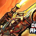 오래된 자동차에 장착된 대포가 불을 뿜으며 발사되는 모습과 SUPER DRIVE AHEAD라는 텍스트