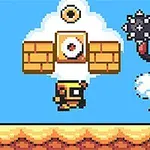 하늘을 배경으로 구름 위에 몽둥이를 든 캐릭터와 벽돌 블록 옆에 있는 작은 로봇 캐릭터가 있는 장면