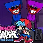 파란색 모자를 쓴 소년이 마이크를 든 채 두 명의 웃고 있는 커다란 인형 캐릭터 앞에 서 있다