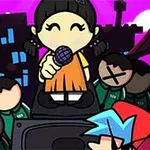 마이크를 들고 노래하는 소녀와 그 주위에 있는 사람들, 그리고 화려한 배경의 도시