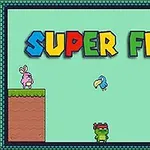 알록달록한 글자로 SUPER FROG라는 제목이 적힌 화면 위에 개구리와 다양한 작은 캐릭터들이 플랫폼 위에 있는 장면