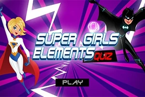두 명의 슈퍼히어로 여성이 강렬한 보라색 배경 앞에 포즈를 취하고 있으며 SUPER GIRLS ELEMENTS QUIZ라는 텍스트가 중앙에 있다