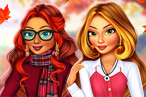 두 명의 애니메이션 캐릭터가 가을 배경 앞에서 포즈를 취하고 있으며, 한 명은 안경과 스카프로 멋을 내고, 다른 한 명은 주황색 톤의 의상을 입고 있다