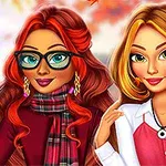 두 명의 애니메이션 캐릭터가 가을 배경 앞에서 포즈를 취하고 있으며, 한 명은 안경과 스카프로 멋을 내고, 다른 한 명은 주황색 톤의 의상을 입고 있다