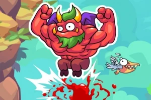 빨간 피부의 근육질 괴물이 점프하며 아래에 피가 튀고, 옆에는 날아가는 새가 있는 장면