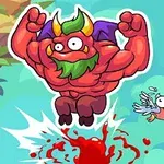 빨간 피부의 근육질 괴물이 점프하며 아래에 피가 튀고, 옆에는 날아가는 새가 있는 장면