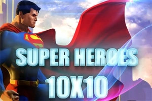 슈퍼히어로 코스튬을 입고 있는 남성이 하늘을 배경으로 서 있으며, SUPER HEROES 10X10이라는 글자가 중앙에 강조되어 있다