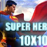 슈퍼히어로 코스튬을 입고 있는 남성이 하늘을 배경으로 서 있으며, SUPER HEROES 10X10이라는 글자가 중앙에 강조되어 있다