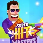 선글라스를 쓴 남자가 총을 발사하는 모습과 SUPER HIT MASTERS라는 텍스트가 있는 만화 스타일의 이미지