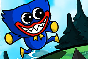 파란색 웃는 캐릭터가 뛰어오르며 배경에 나무와 하늘이 있는 만화 스타일의 이미지