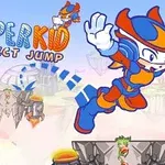 파란색과 주황색 의상을 입은 캐릭터가 공중에서 점프하는 모습