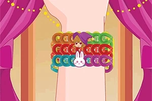 팔목에 다채로운 고리들이 엮인 팔찌와 토끼 모양 장식이 있는 만화 스타일의 이미지