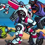 흰색과 보라색 로봇이 칼과 총을 들고 있는 장면