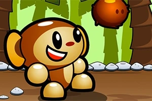 웃고 있는 귀여운 캐릭터와 떨어지는 갈색 물체가 있는 열대 숲 배경