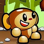 웃고 있는 귀여운 캐릭터와 떨어지는 갈색 물체가 있는 열대 숲 배경