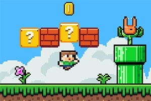 녹색 파이프와 물음표 블록 위를 점프하는 픽셀 아트 캐릭터와 동전