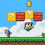 녹색 파이프와 물음표 블록 위를 점프하는 픽셀 아트 캐릭터와 동전