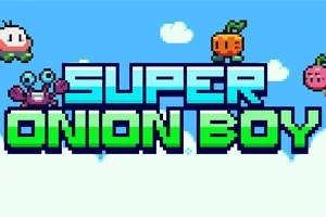 파란 하늘에 구름과 네 가지 픽셀 아트 캐릭터가 있는 SUPER ONION BOY 라는 텍스트