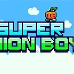 파란 하늘에 구름과 네 가지 픽셀 아트 캐릭터가 있는 SUPER ONION BOY 라는 텍스트