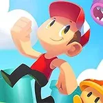 빨간 모자를 쓴 소년이 밝은 하늘 아래에서 달리며, 구름과 버섯 모양 캐릭터가 있는 장면