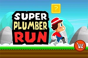 만화 스타일의 캐릭터가 파이프를 달리고 있으며, SUPER PLUMBER RUN이라는 텍스트와 물음표 블록이 있다