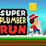 만화 스타일의 캐릭터가 파이프를 달리고 있으며, SUPER PLUMBER RUN이라는 텍스트와 물음표 블록이 있다