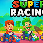 세 명의 캐릭터가 각각 빨간색, 녹색, 분홍색의 작은 경주차를 타고 있는 만화 스타일의 이미지