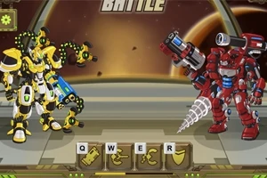 노란색과 검은색의 로봇이 빨간색과 은색의 로봇과 대결하는 장면