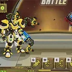 노란색과 검은색의 로봇이 빨간색과 은색의 로봇과 대결하는 장면