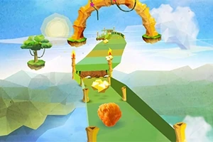 구름 위의 녹색 길과 하늘 배경에 떠 있는 나무와 돌로 된 아치