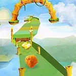 구름 위의 녹색 길과 하늘 배경에 떠 있는 나무와 돌로 된 아치