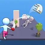 파란 배경 위에서 빨간 장갑을 낀 캐릭터가 다른 캐릭터를 타격하여 공중으로 날리는 장면