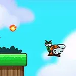 붉은 모자를 쓴 캐릭터가 초록색 플랫폼에서 불덩이를 던지고 있으며, 날개 달린 달팽이와 초록색 슬라임이 있는 하늘 배경의 장면