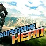 오토바이를 타고 고속도로를 달리는 모습이 배경으로, SUPERBIKE HERO라는 글자가 앞에 있는 이미지