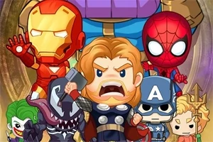 여러 명의 만화 스타일 영웅들이 모여 있는 이미지