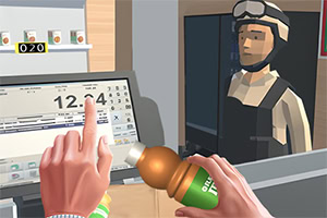 손이 계산대에서 화면을 터치하고 음료를 든 모습, 뒤쪽 창구에 유니폼을 입은 사람이 서 있는 장면