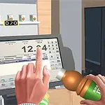 손이 계산대에서 화면을 터치하고 음료를 든 모습, 뒤쪽 창구에 유니폼을 입은 사람이 서 있는 장면