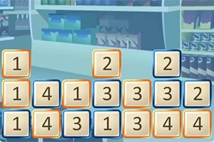 슈퍼마켓 배경 앞에 여러 개의 숫자가 적힌 네모난 카드들이 배열되어 있음