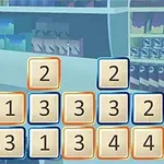 슈퍼마켓 배경 앞에 여러 개의 숫자가 적힌 네모난 카드들이 배열되어 있음